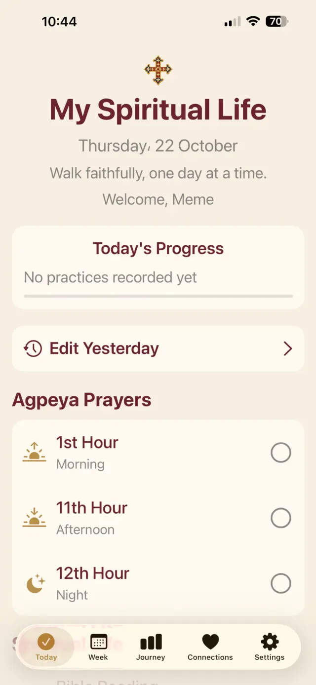 The My Spiritual Life Today page showing daily progress and Agpeya prayers